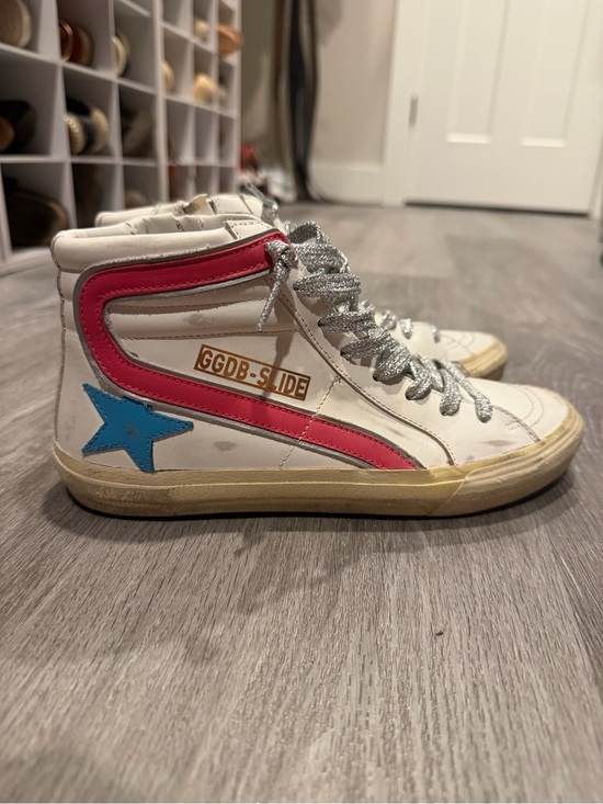 Golden Goose Shoes - Golden Goose White High-Top Sneakers with Pink Stripe & Blue Star
